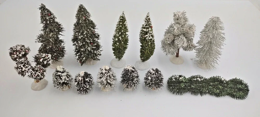 Christmas Holiday Village Set Snow Flocked Trees Bushes Assorted Lot
